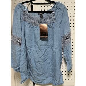 NWT By Design Women's Long Sleeve Blouse Size L - Denim Blue Lace